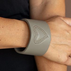 Gray Faux Leather Silver Bead Heart Cuff Bracelet - Fashion Jewelry